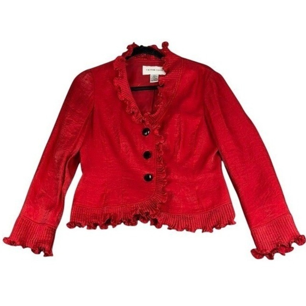 Victor Costa Womens Red Ruffle Trim Blazer Jacket Size 8 Textured Romantic Party